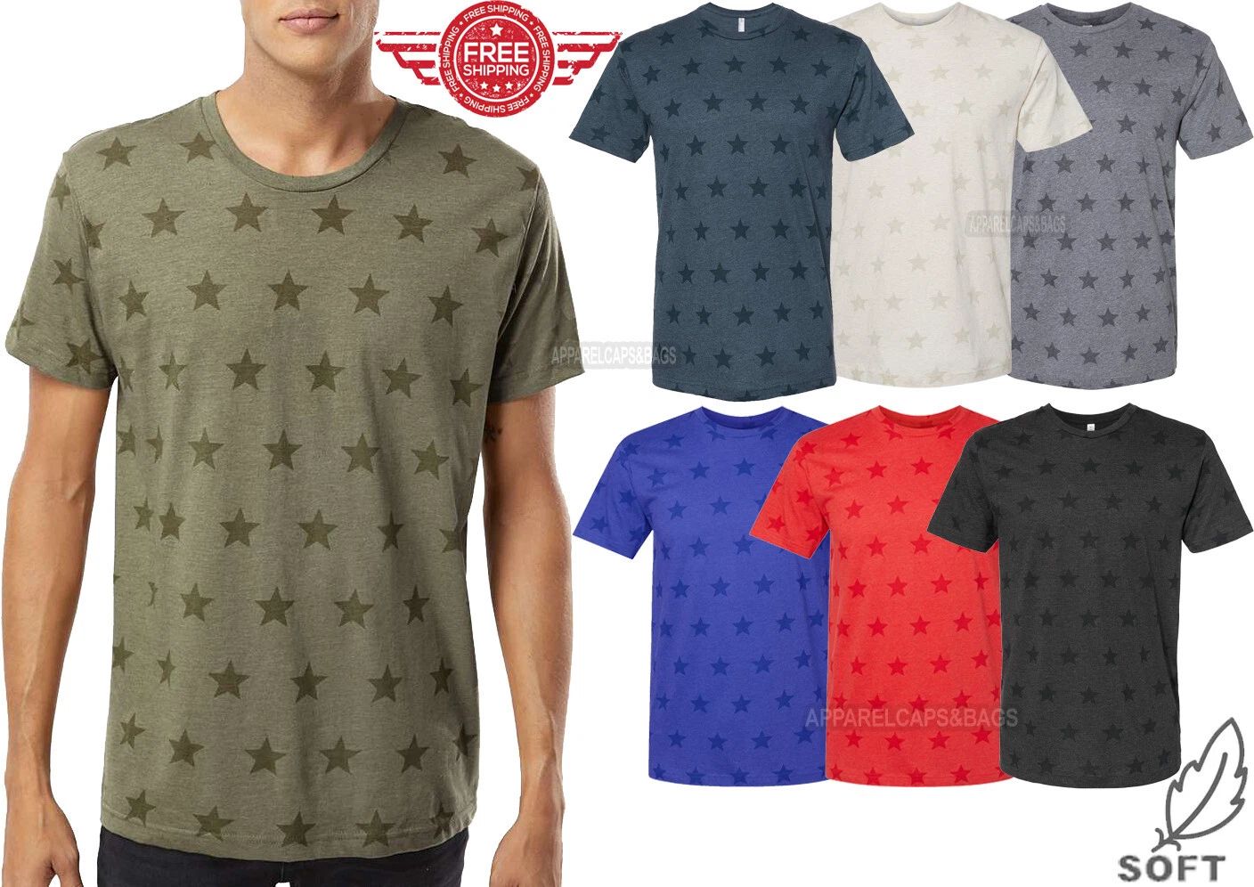 Mens Star Print T-Shirt Soft Blended Fine Jersey Tee S-XL 2XL, 3XL NEW!