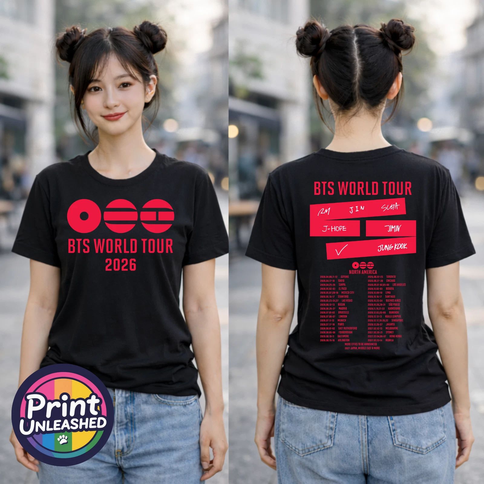 KPOP Premium Printed T-Shirt BTS Tour 2026 Front & Back Black Child Adult Teen