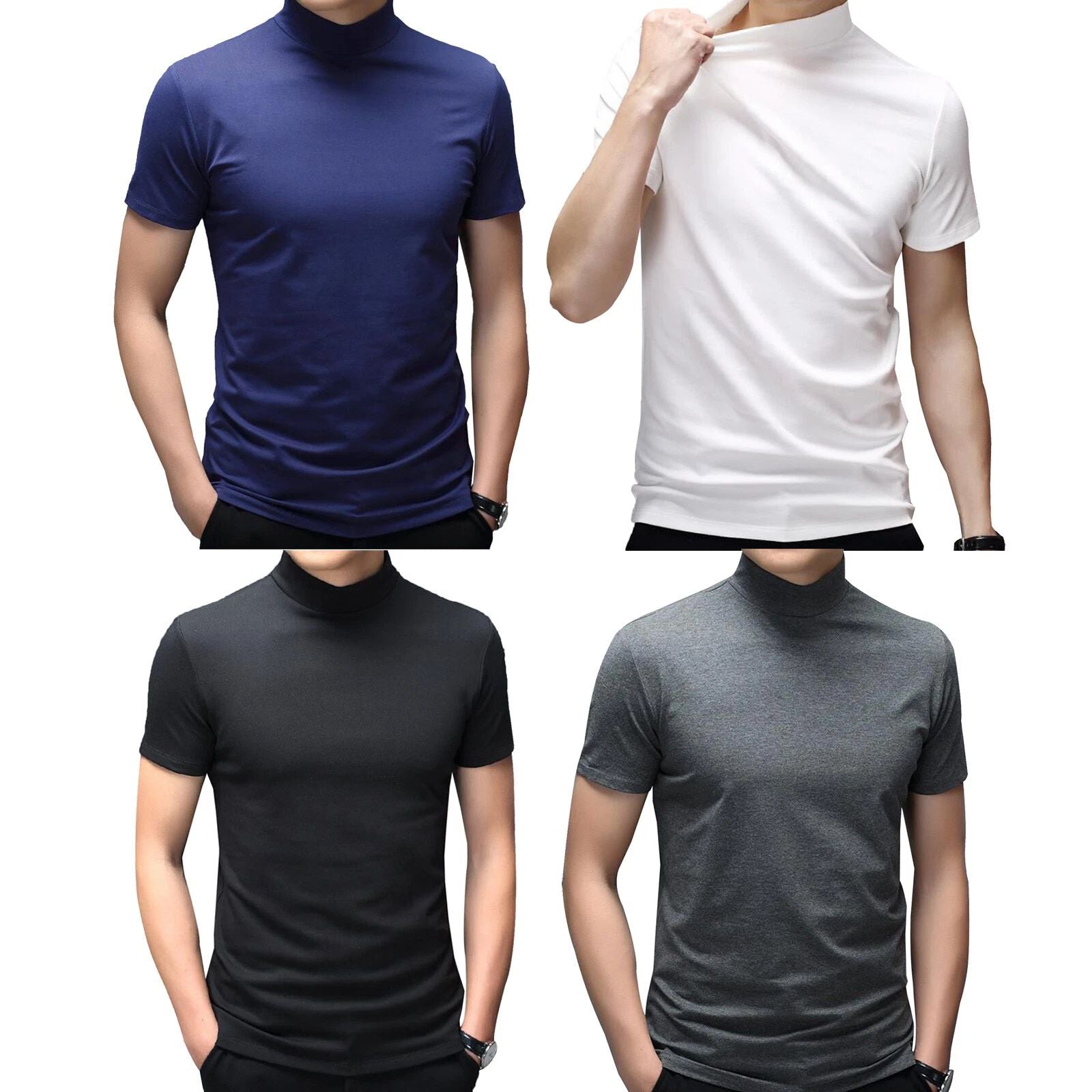 Men Mock Neck T-Shirt Short Sleeve Cotton Tops Tees Basic Undershirt Casual Top