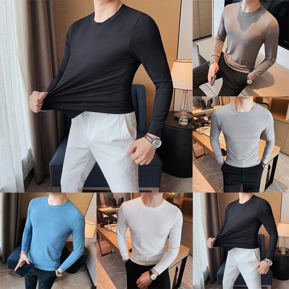 Mens Casual Long Sleeve Round Neck Tee Slim Fit Solid Color Shirt for Everyday