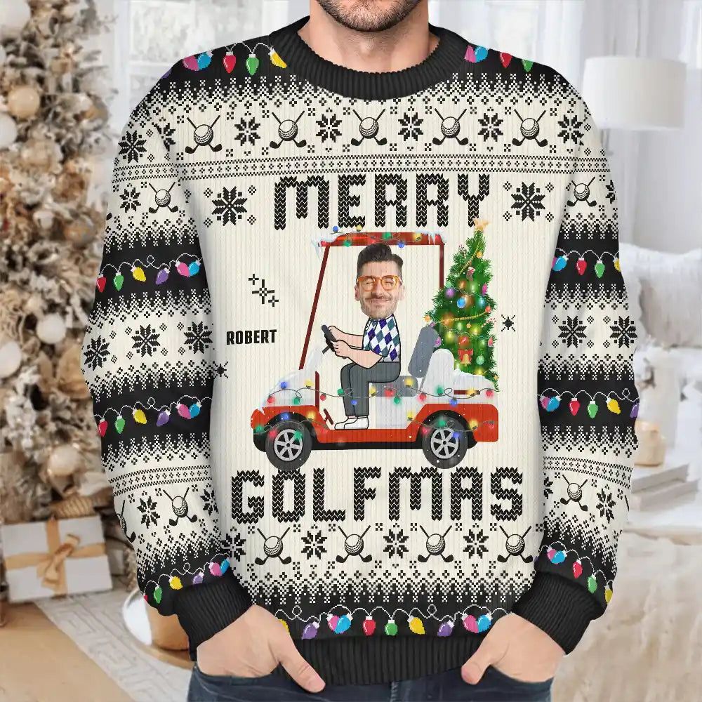 Custom Photo Funny Golf Lover Merry Golfmas - Personalized Unisex Ugly Sweater