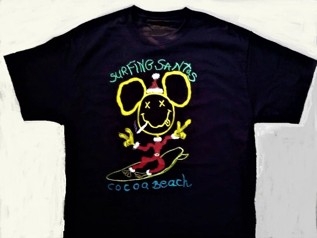 Surfing Santas Cocoa Beach Black short Sleeve  T-Shirt Cotton Large New