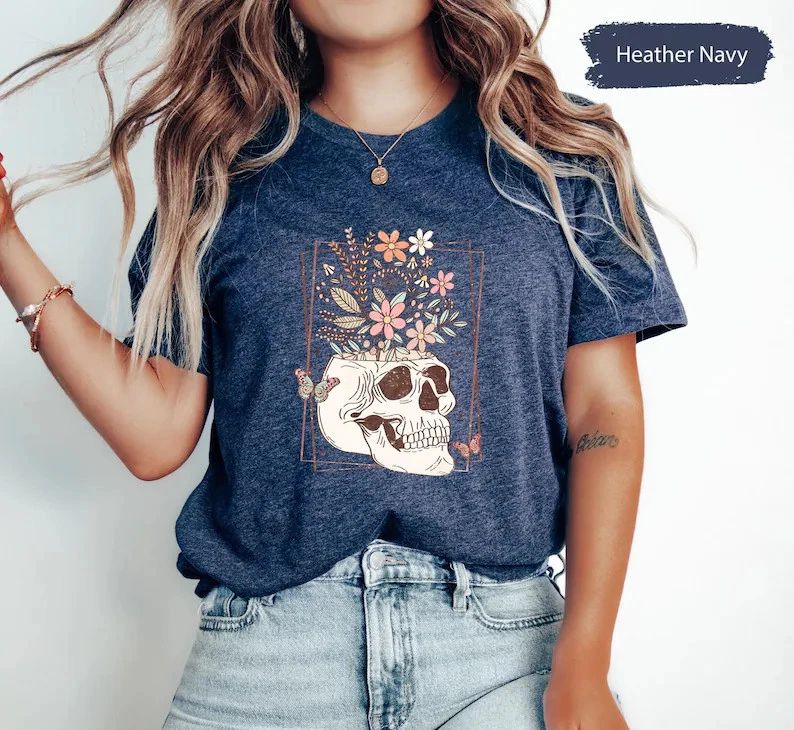Boho Floral Skull Comfort Tee Shirt Women's Men