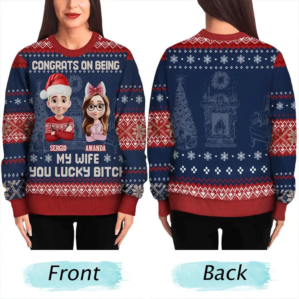 Christmas Couple Congrats On Being My Husband You Lucky Man - Personalized Unisex Ugly Sweater