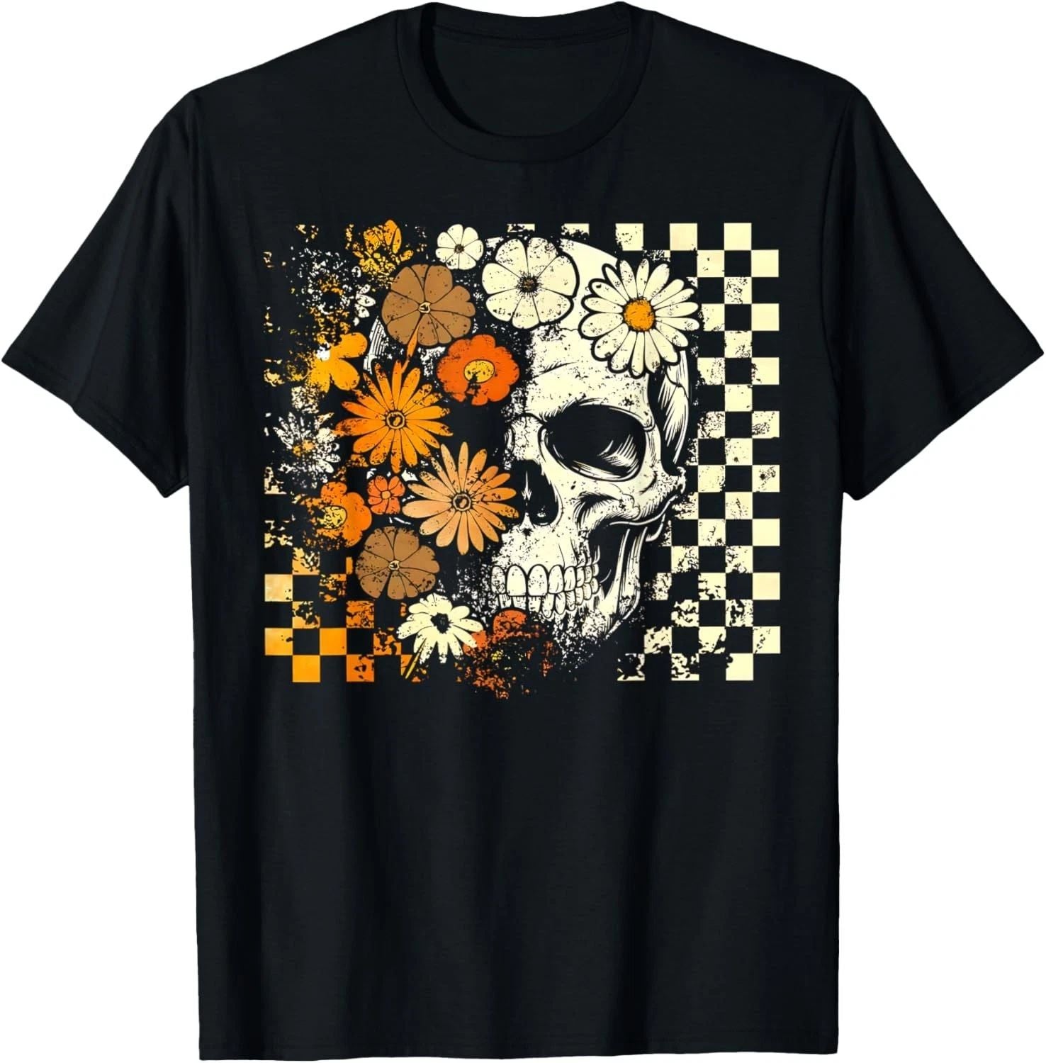 Checkered Boho Floral Skull Halloween Girl Women T-Shirt unisex T-Shirt