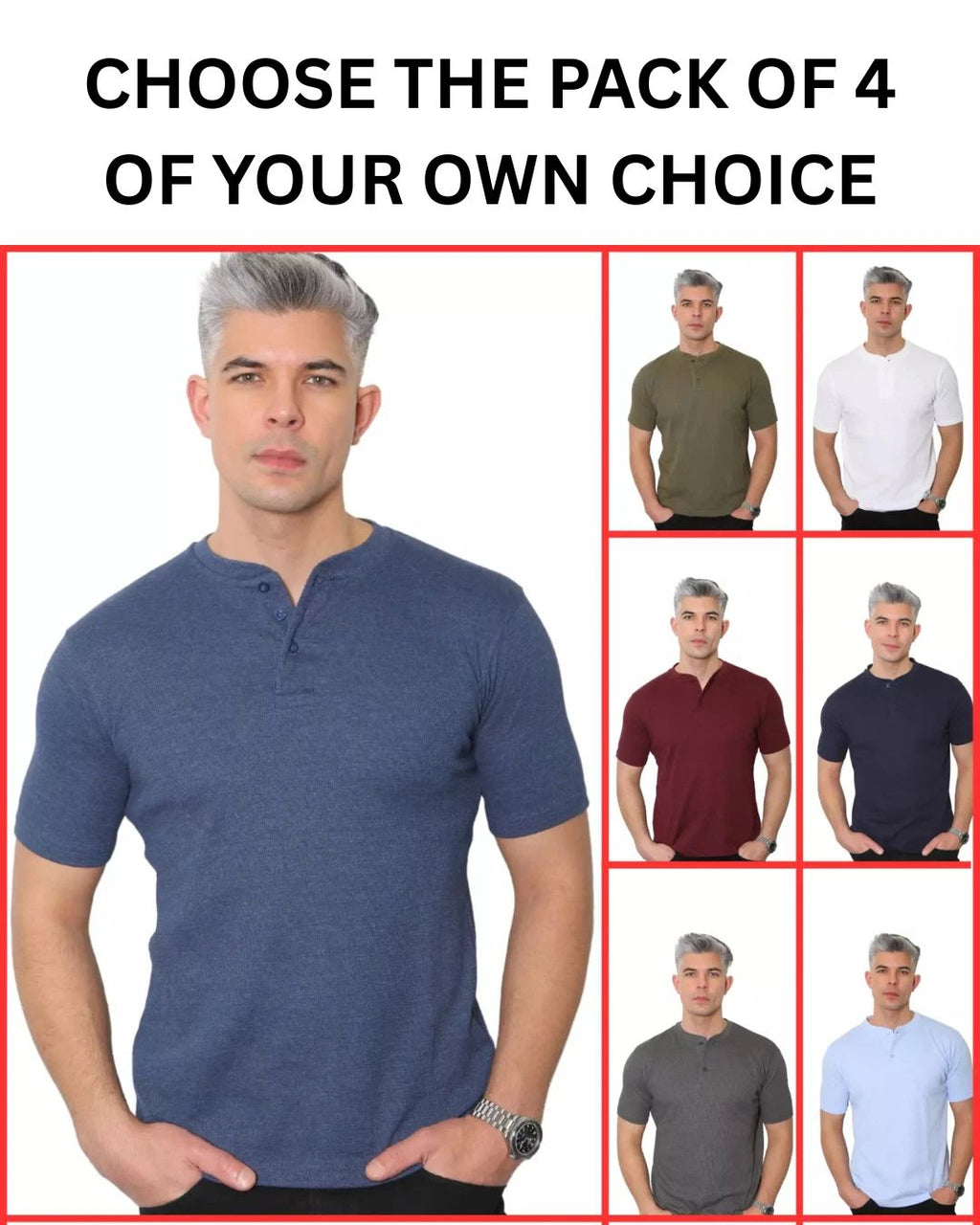 Mens Henley T-shirt Plain Waffle Knit Casual Thin Top - Pack of 4 (2310)