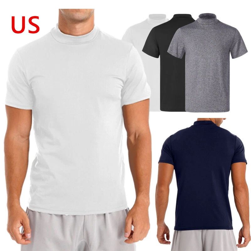 Freebily  Men Mock Neck T-shirt Short Sleeve Undershirt Casual Solid Color Top