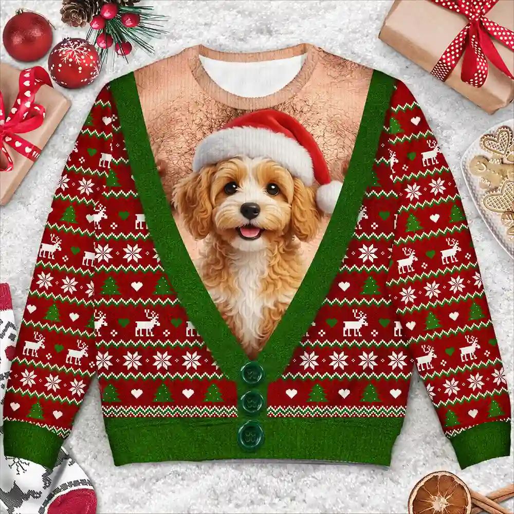 Christmas Gag Gift For Pet Dad - Personalized Custom Photo Pet Face Hairy Chest Abs Body Unisex Ugly Sweater