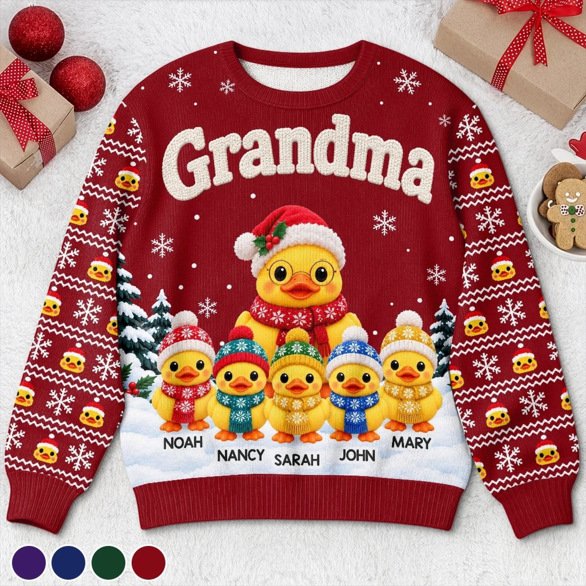 Custom Name Christmas Duck Family Gifts For Grandma - Personalized Ugly Sweatshirt
