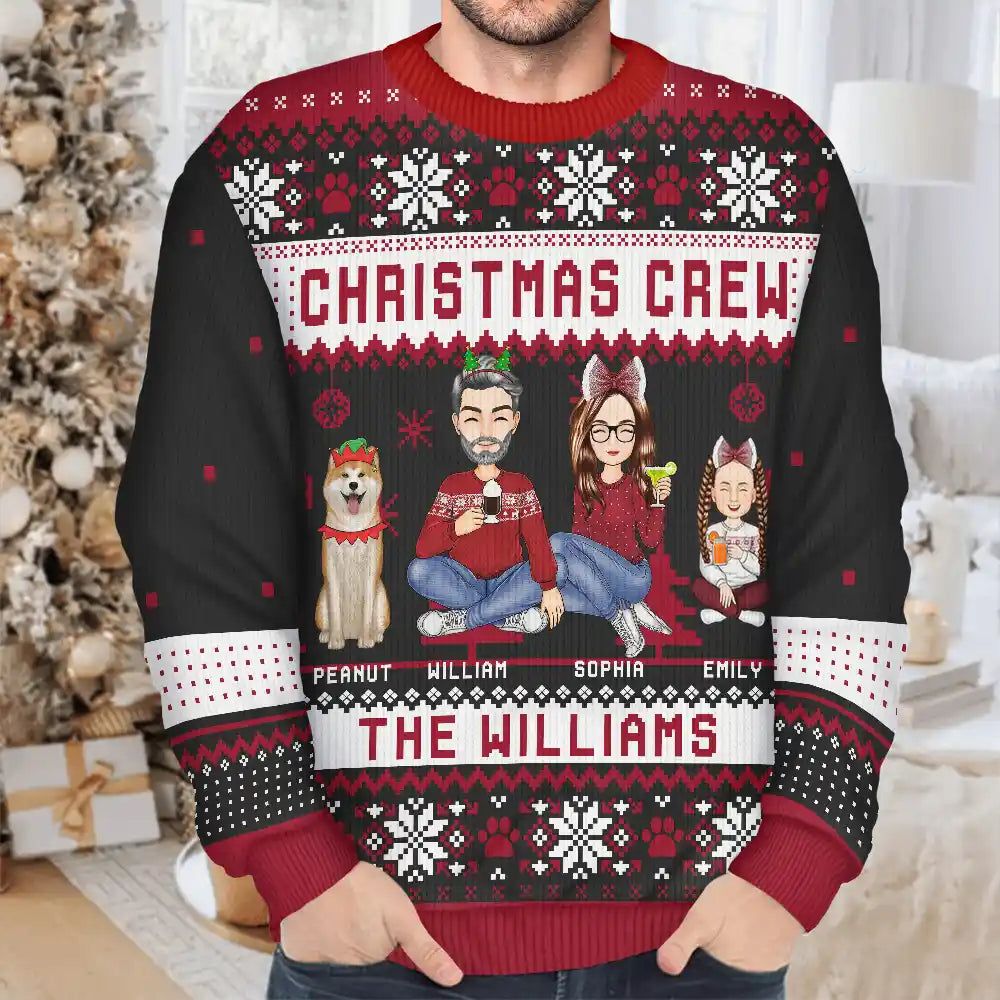 Christmas Crew Family With Dog Cat - Personalized Unisex Ugly Sweater