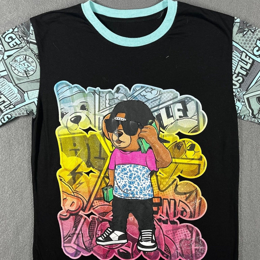 Vibes Men T-Shirt Cotton Blend Small Streetwear Graffiti Bear Comic Sleeve Black