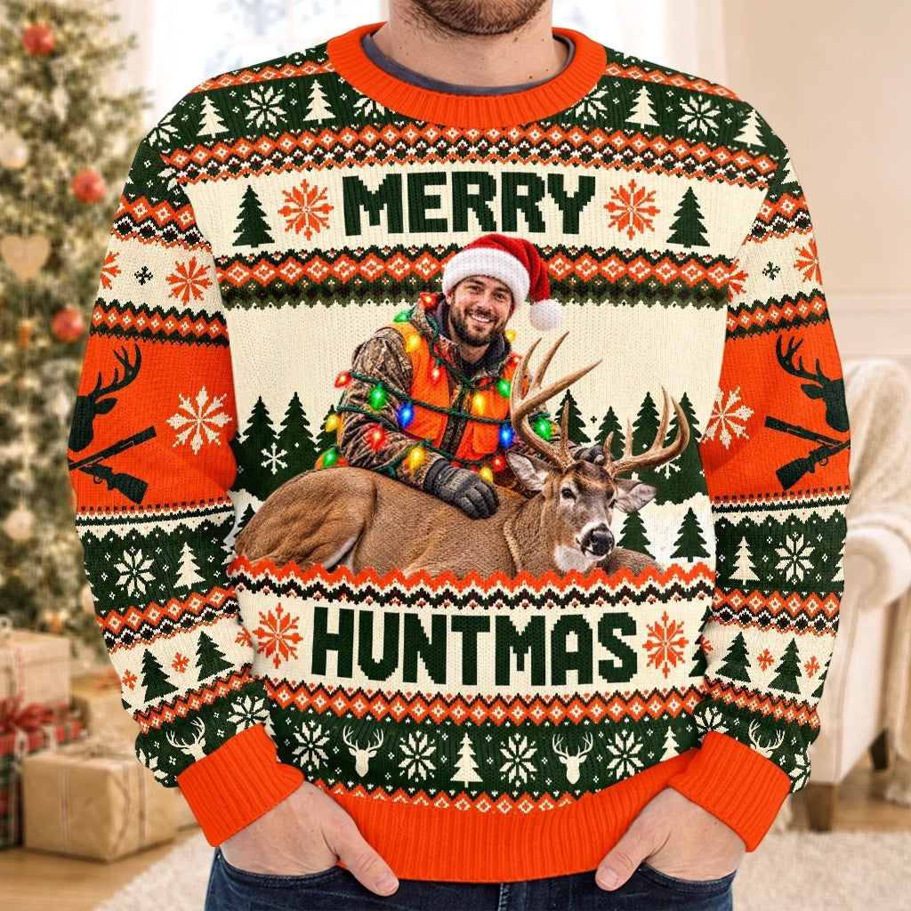 Custom Photo Christmas Hunting Gifts for Men - Personalized Ugly Sweatshirt
