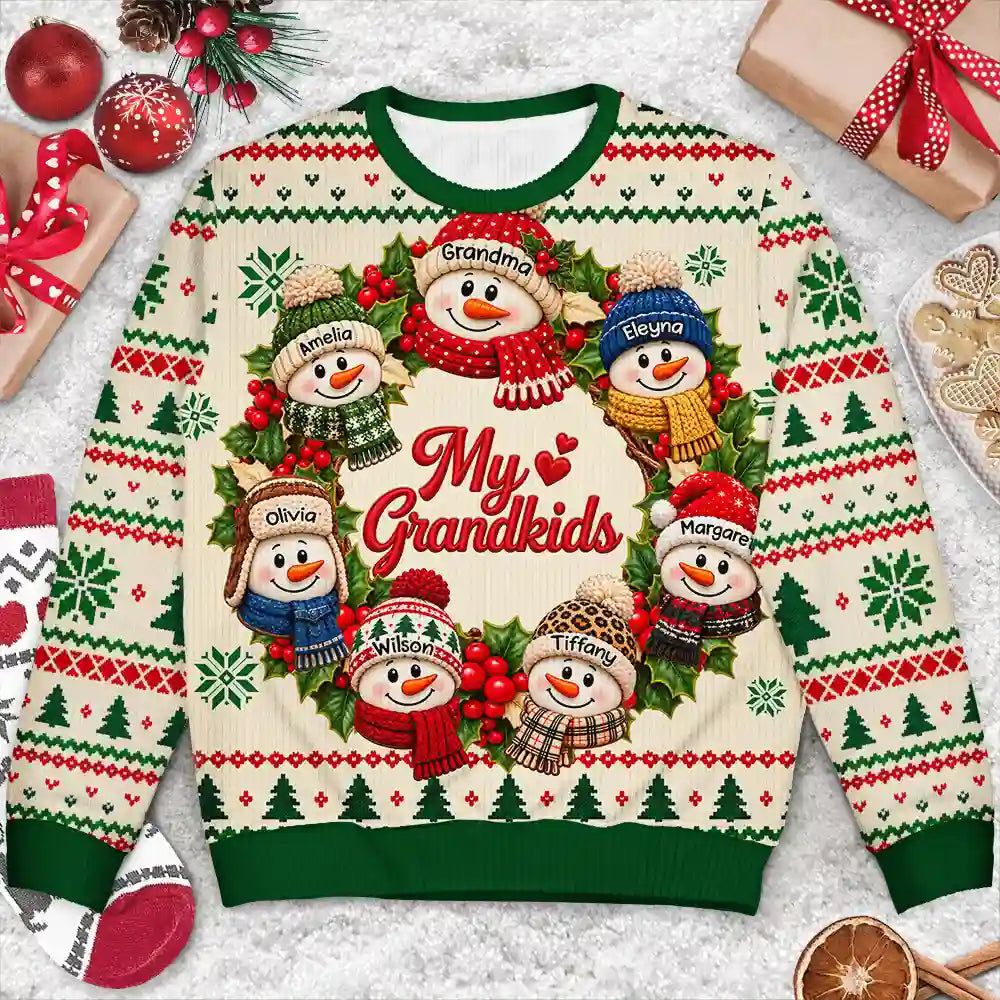 Christmas Gift For Grandparents - Personalized Snowman Wreath Unisex Ugly Sweater