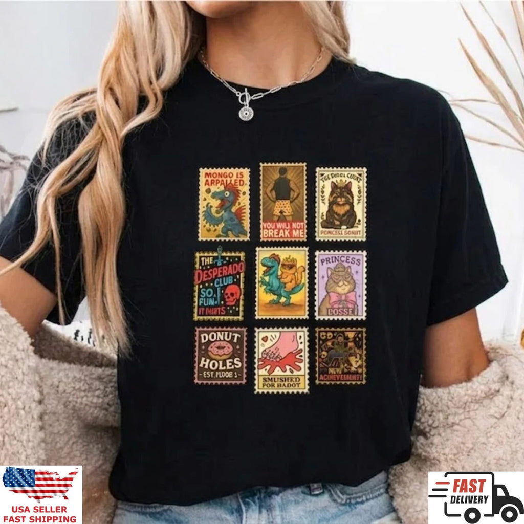 Retro Cartoon Stamp Collage T Shirt Funny Aesthetic Vintage Graphic Tee