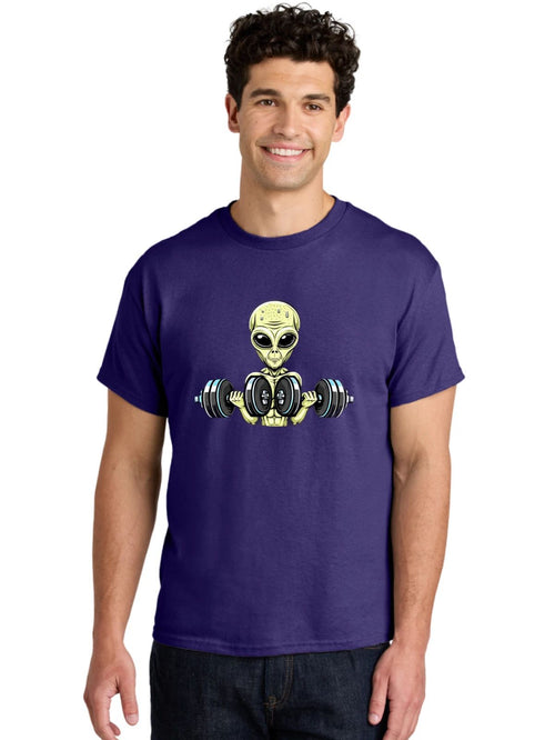 Alien-Weightlifter-1 Mens Graphic Tee, 100% Cotton, Casual Summer Wear
