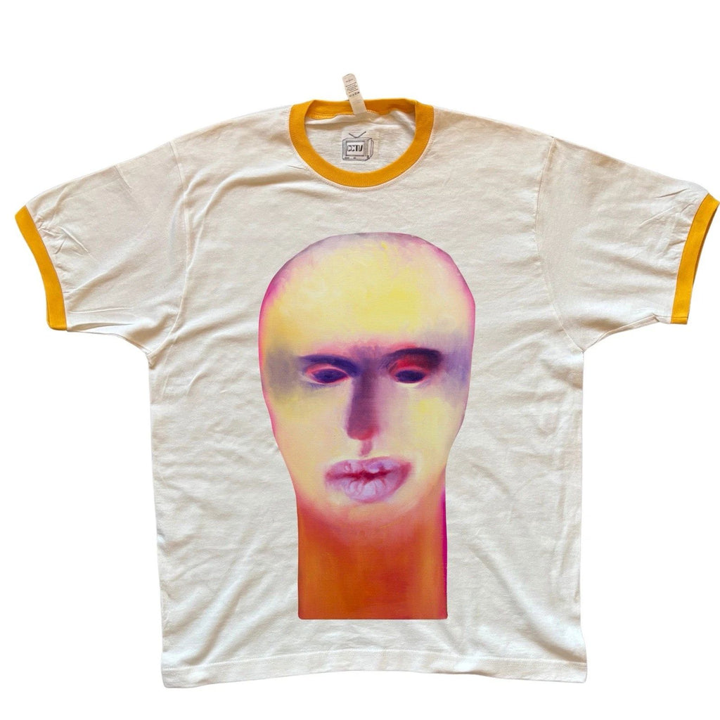 HUMANOID PORTRAIT NO. 26 retro ringer t shirt | yellow red black indigo cream