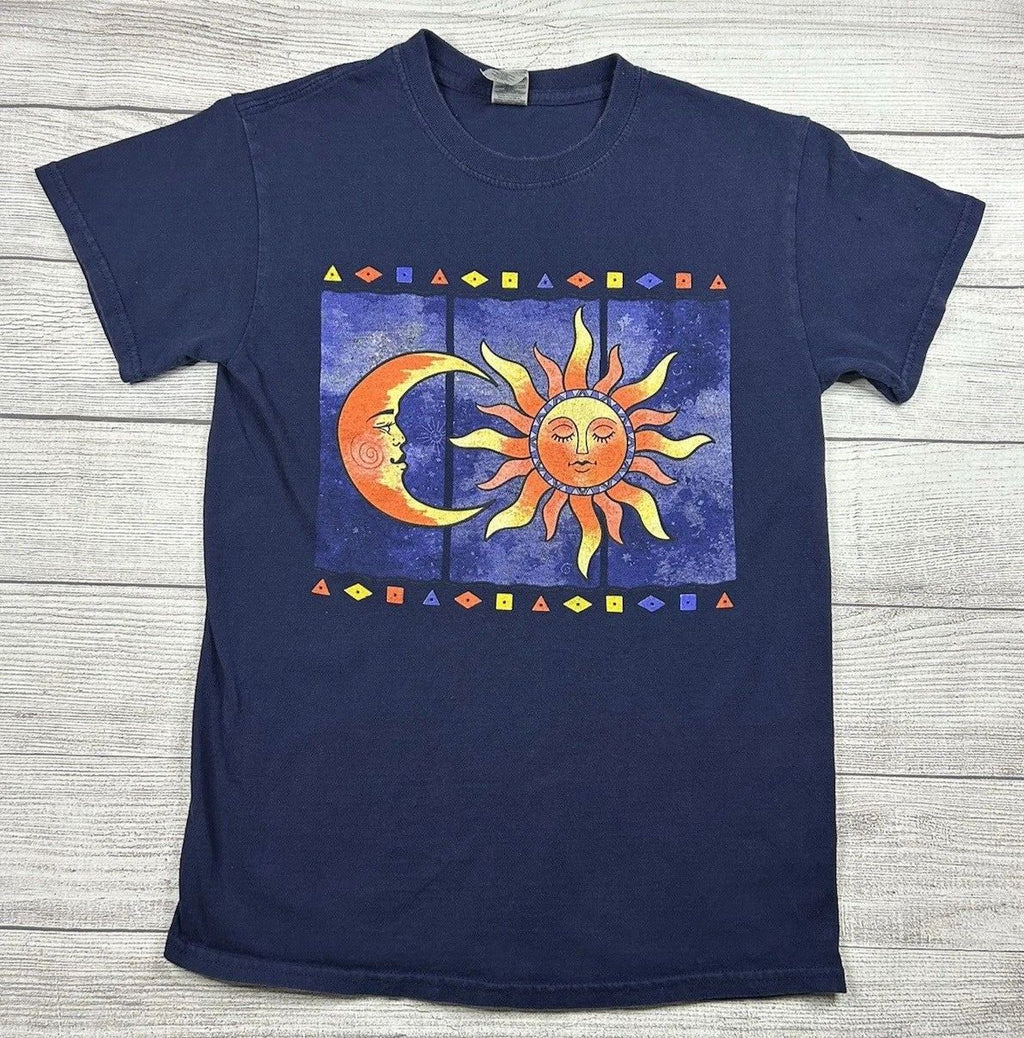 Sun Moon T-Shirt Size Small Navy Whimsical 100% Cotton Heavyweight Boho Flaws
