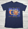Sun Moon T-Shirt Size Small Navy Whimsical 100% Cotton Heavyweight Boho Flaws