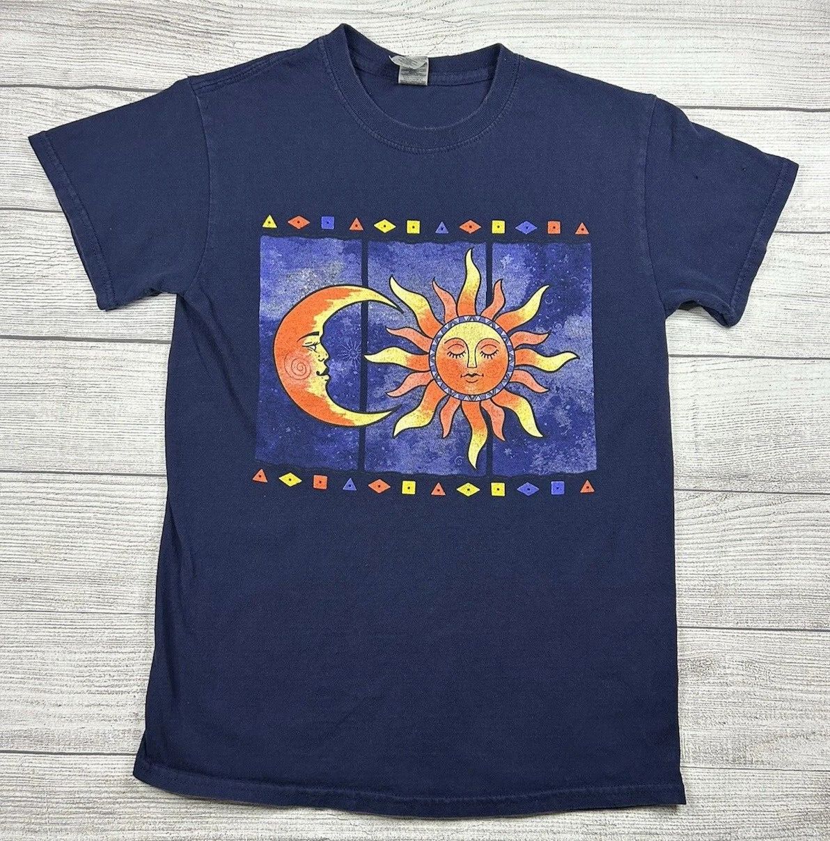 Sun Moon T-Shirt Size Small Navy Whimsical 100% Cotton Heavyweight Boho Flaws