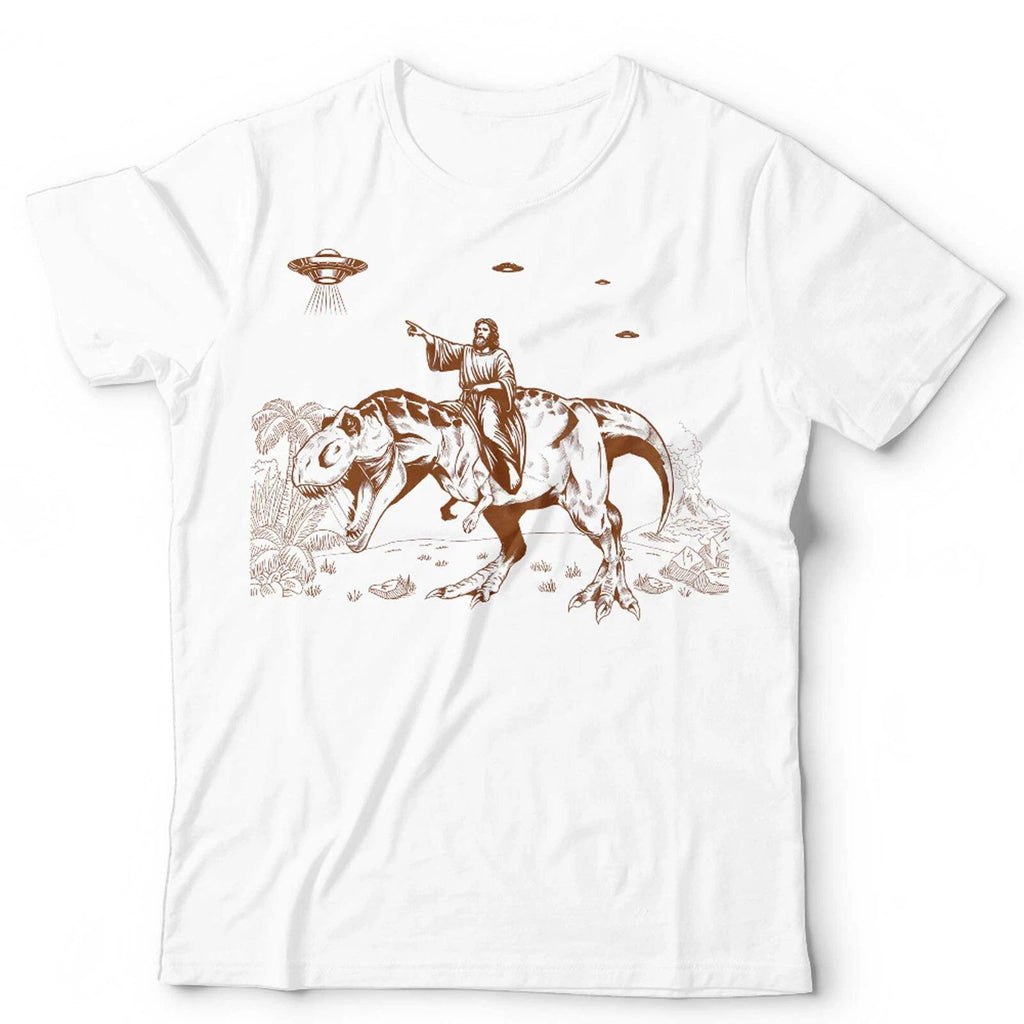 Jesus On T Rex T Shirt Unisex & Kids Funny UFO Aliens Dinosaur Conspiracy Retro