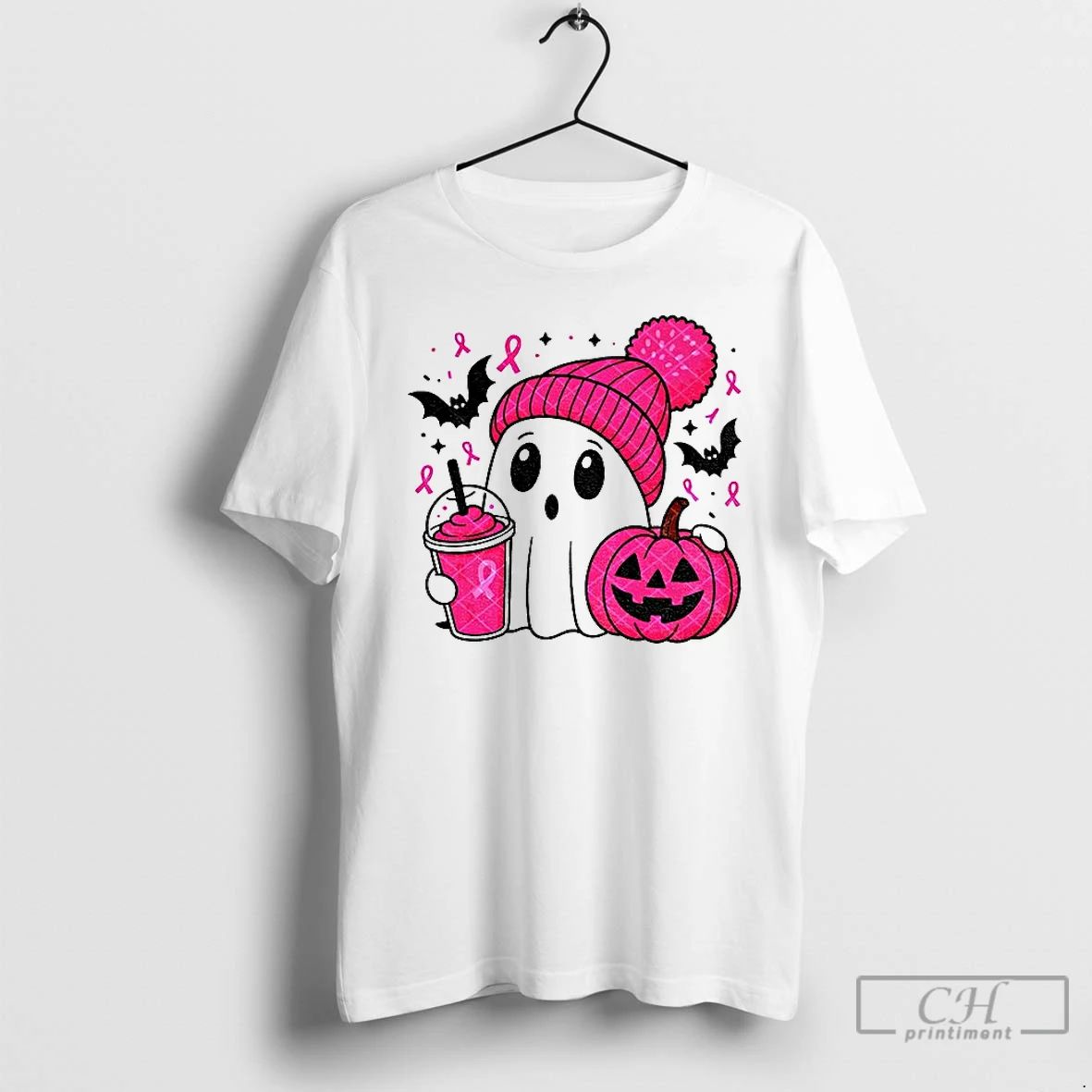 Classic Spooky Ghost Breast Cancer In October We Wear Pink T Shirts
