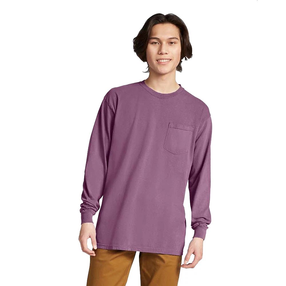ComfortWash Hanes Unisex Garment-Dyed Long-Sleeve T-Shirt Pocket BERRY size 3XL