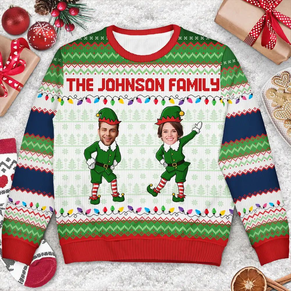 Custom Photo Funny Christmas Elf Family Face Cut - Personalized Unisex Ugly Sweater