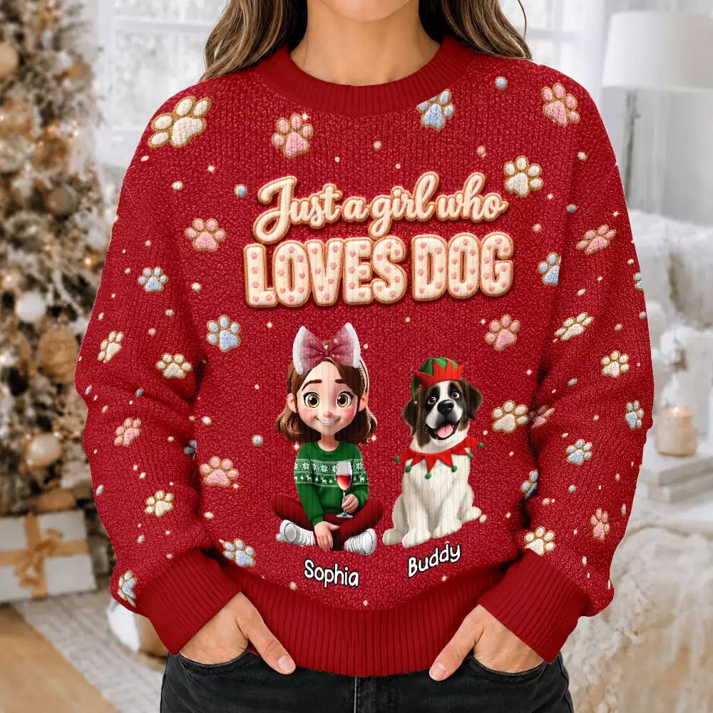Christmas Gift For Dog Lovers - Personalized Faux Fluffy A Girl Who Loves Dog Unisex Ugly Sweater
