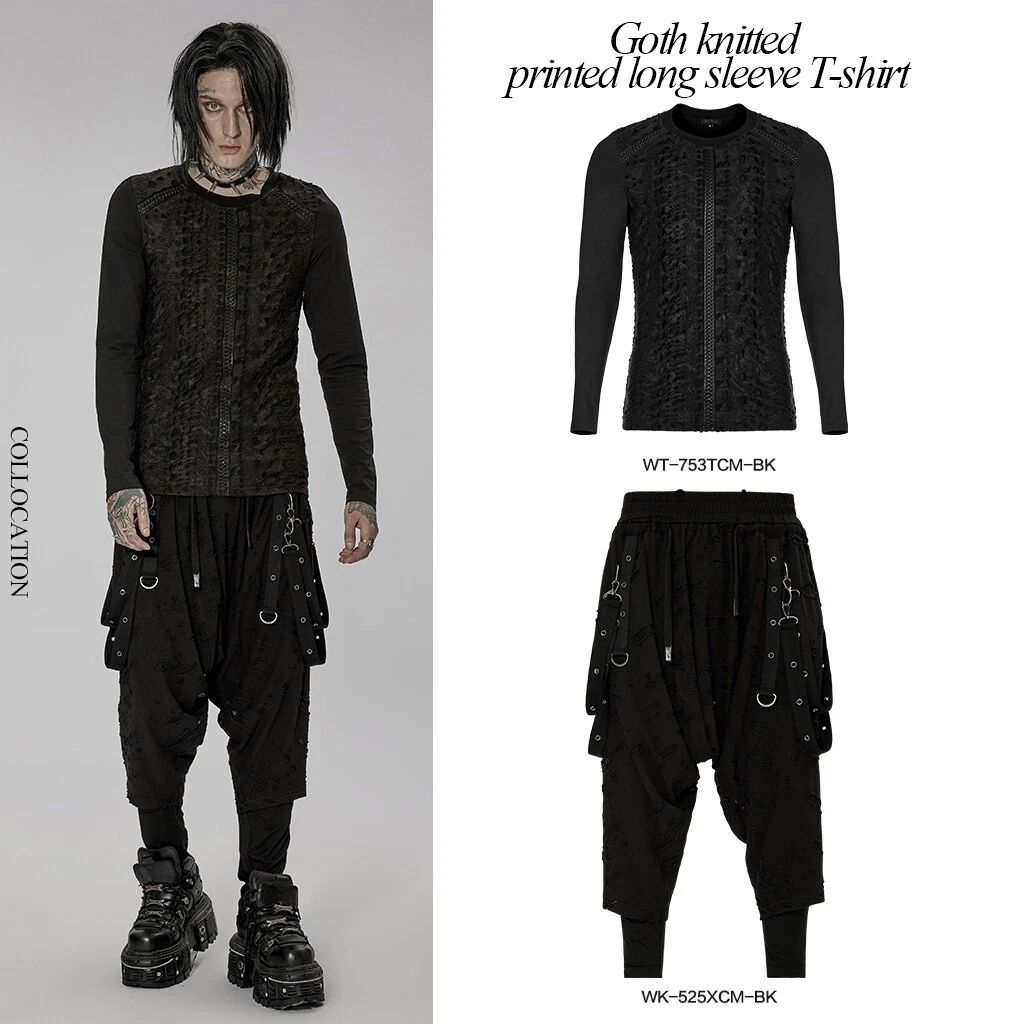 Punk Rave Gothic Knitted Printed Long Sleeve T-shirt Men Simple Casual Slim Tops