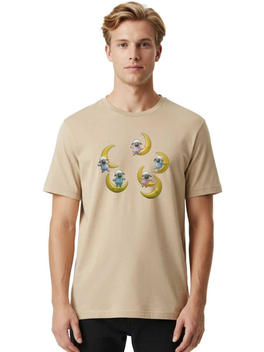 Sheep-On-Crescent-Moon Mens Graphic Tee, 100% Cotton, Casual Summer Wear