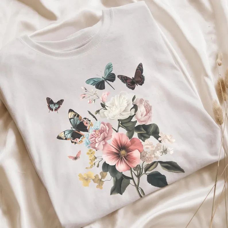 Vintage Butterfly Flower Boho Comfort Tee Womens Graphic Soft Cotton