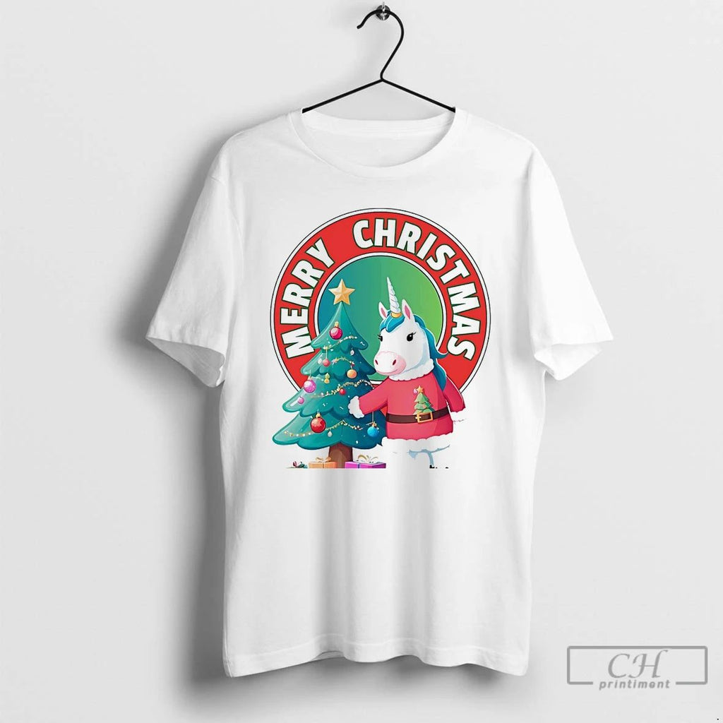 Classic Merry Christmas Unicorn Tree Holiday Gift White T Shirts