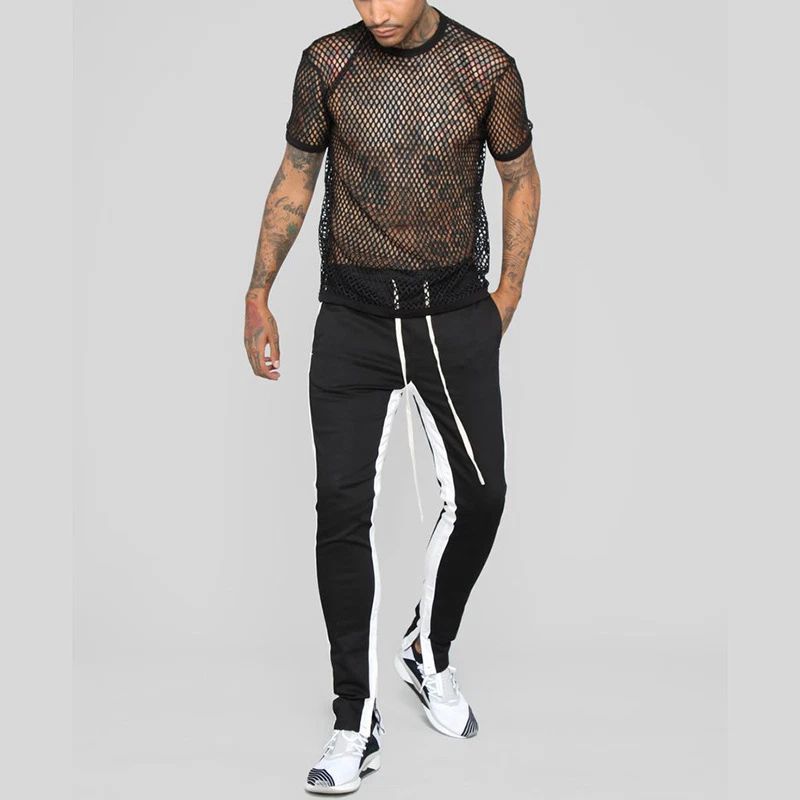 Men  Grid Round Neck Hollow Loose  Short Sleeve T-shirt