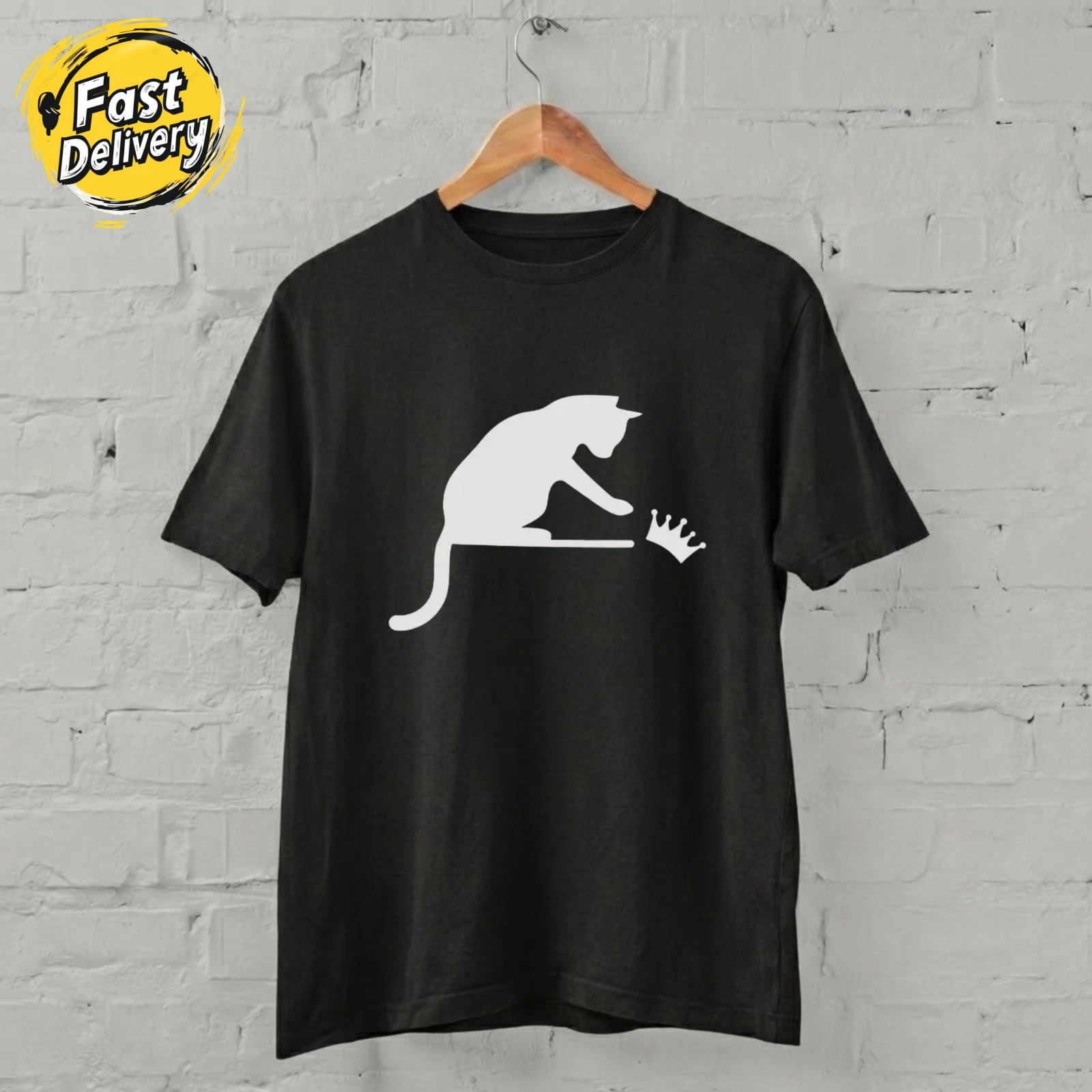 US SELLER - Cat Knocking Crown Shirt Minimal Funny Cat Lover Graphic T-Shirt