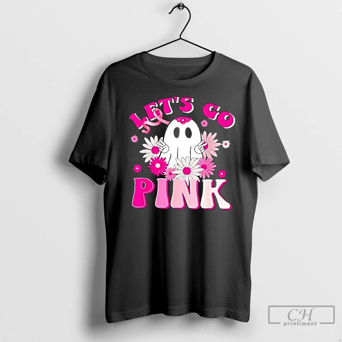 Classic Lets Go Pink Ghost Breast Cancer Awareness Halloween Groovy
