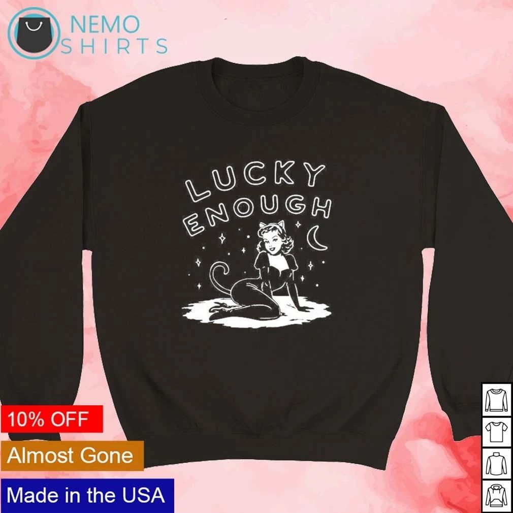 Lucky Enough Cat Girl Pin-Up retro crescent moon Halloween shirt