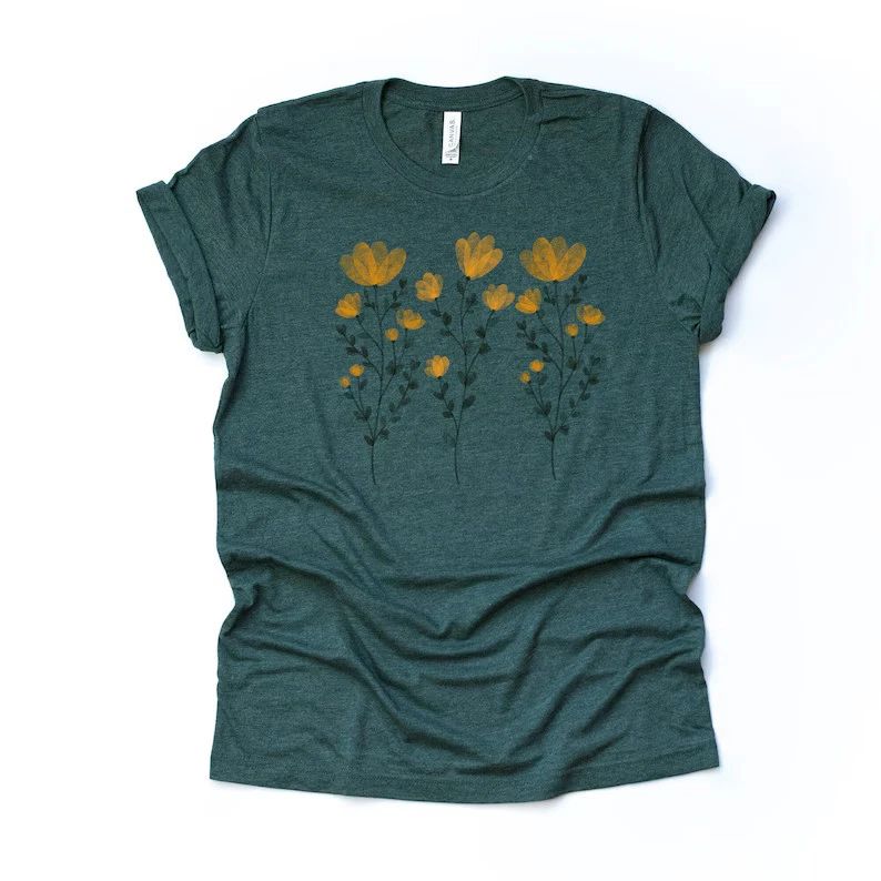 Yellow Floral Boho Comfort Tee Shirt Soft Aesthetic Gift For Her