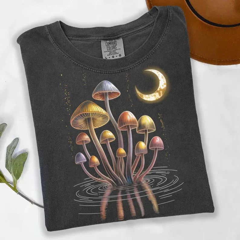 Glowing Mushroom Fantasy Crescent Comfort Tee Moon Mystical