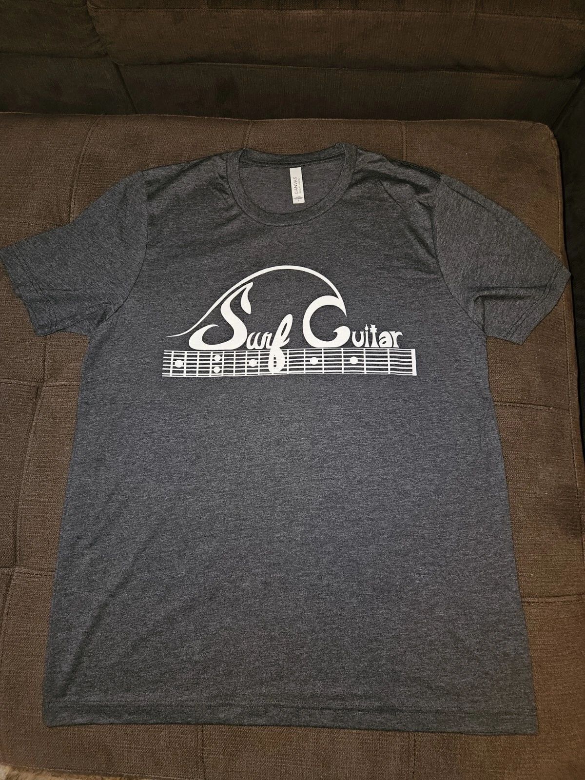 Surf Guitar Large Tshirt - Surfers play Guitar Cotton Unisex Dark Heather Grey