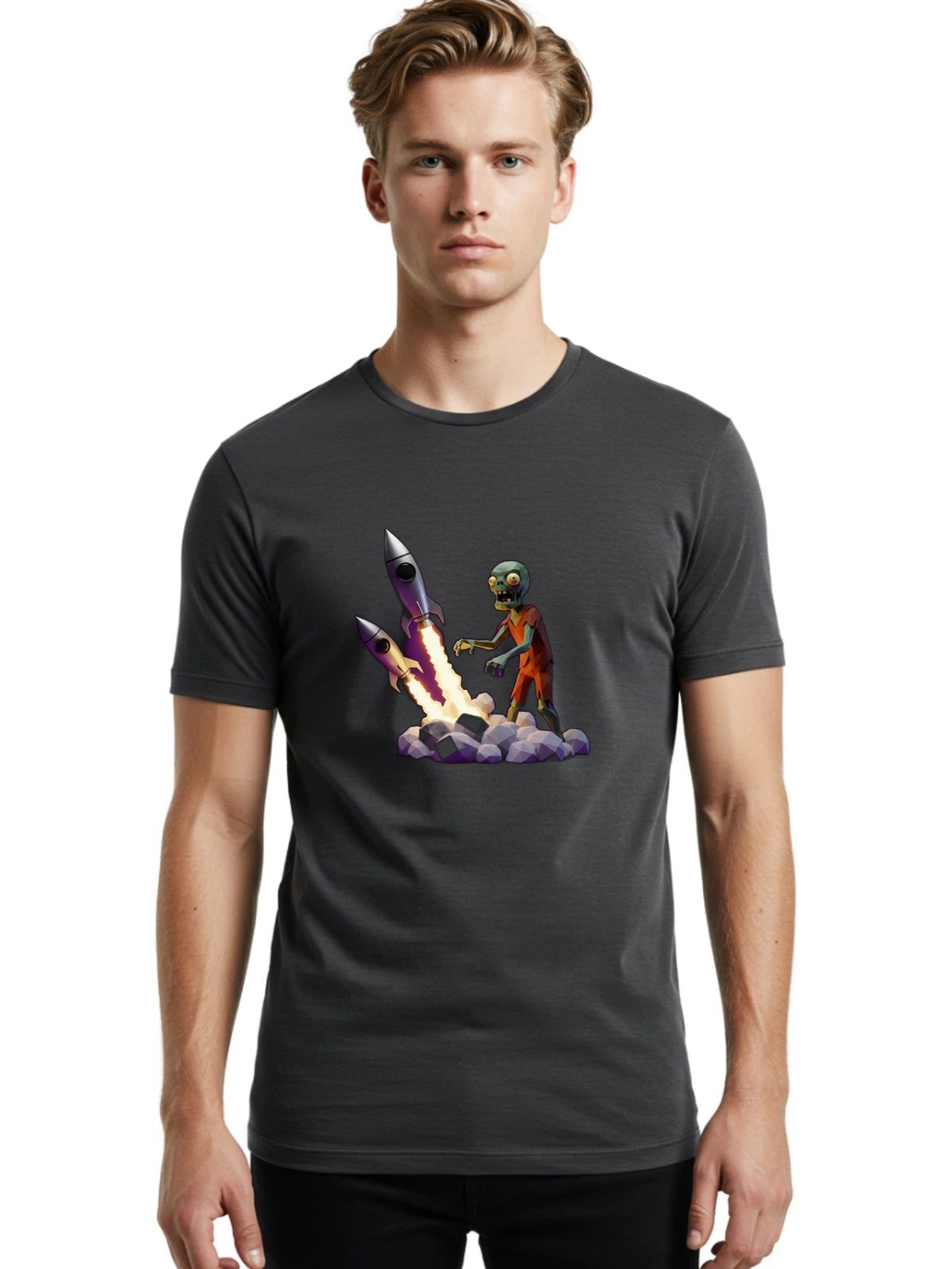 Zombie-Rocket-Launch Mens Graphic Tee, 100% Cotton, Casual Summer Wear