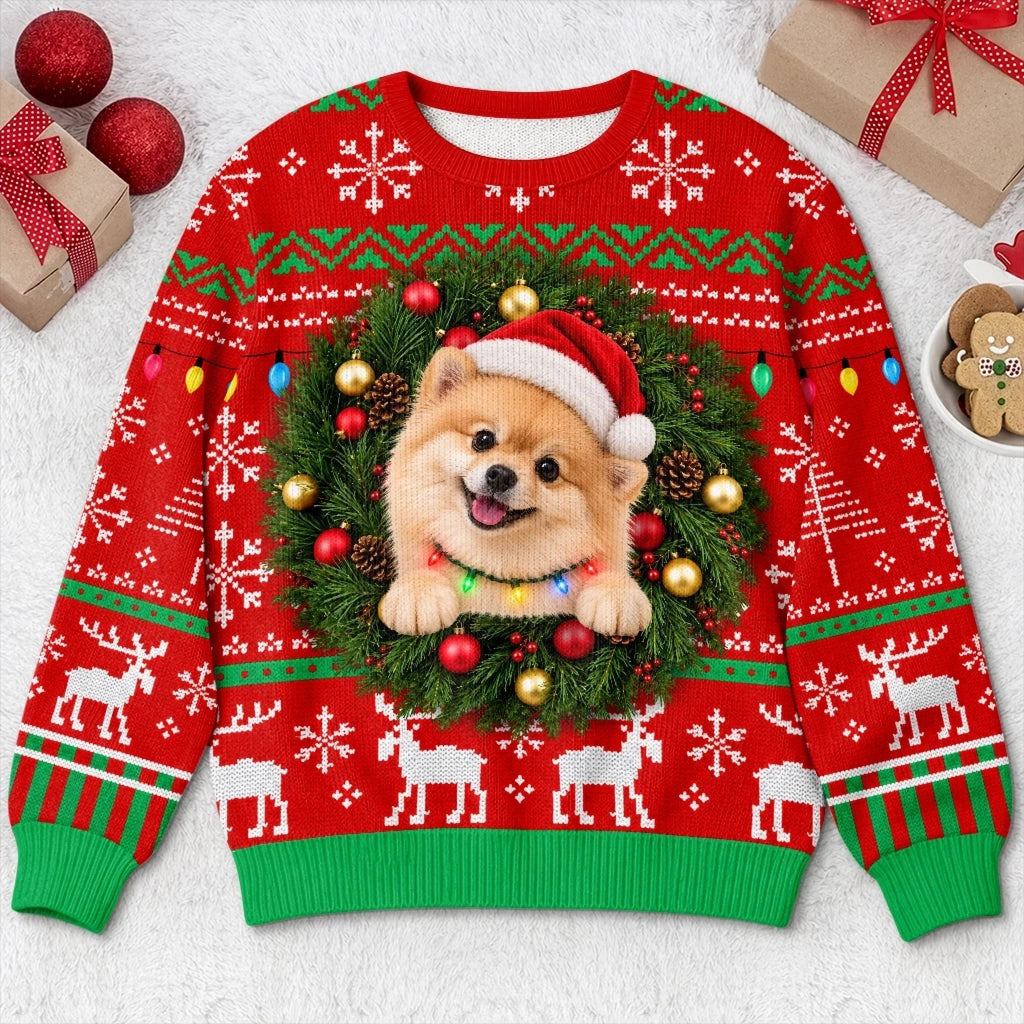 Custom Pet Photo Christmas Wreath Gifts For Dog And Cat Lovers - Personalized Ugly Sweatshirt