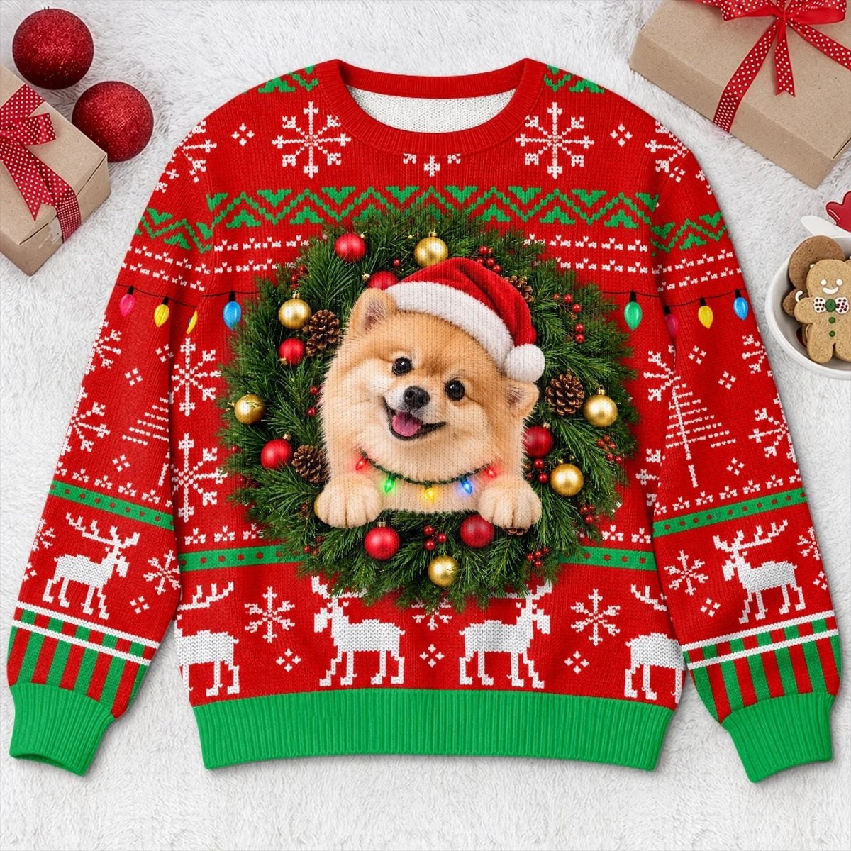 Custom Pet Photo Christmas Wreath Gifts For Dog And Cat Lovers - Personalized Ugly Sweatshirt