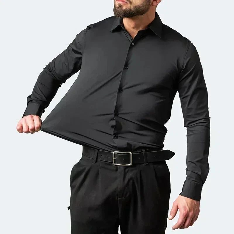 Four-way Men Long Sleeve Shirt, Men's Tops, Solid Color Simple Slim Shirt shirts