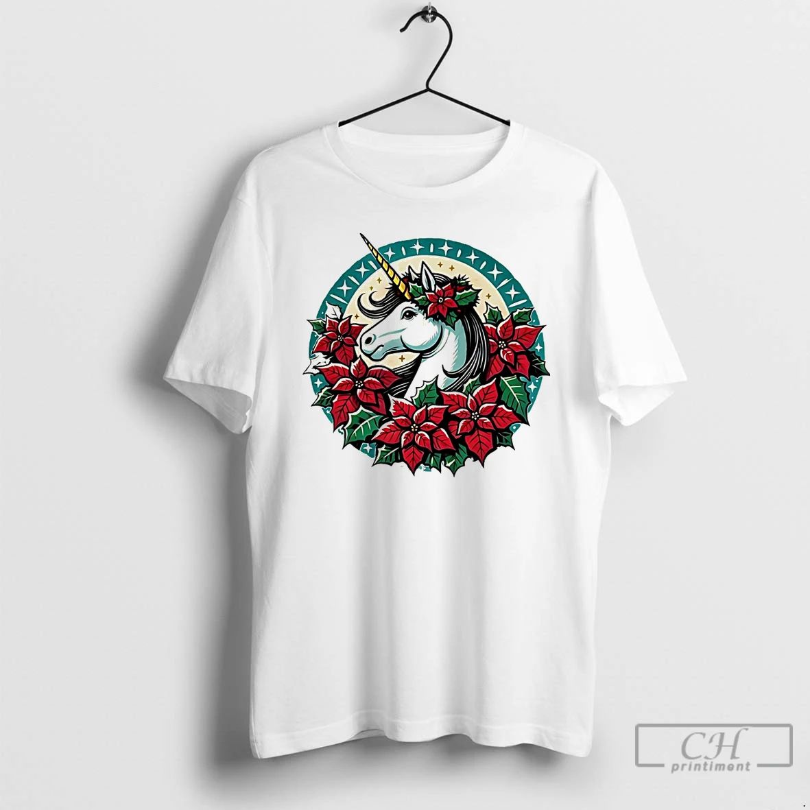 Classic Poinsettia Unicorn Christmas White T Shirts