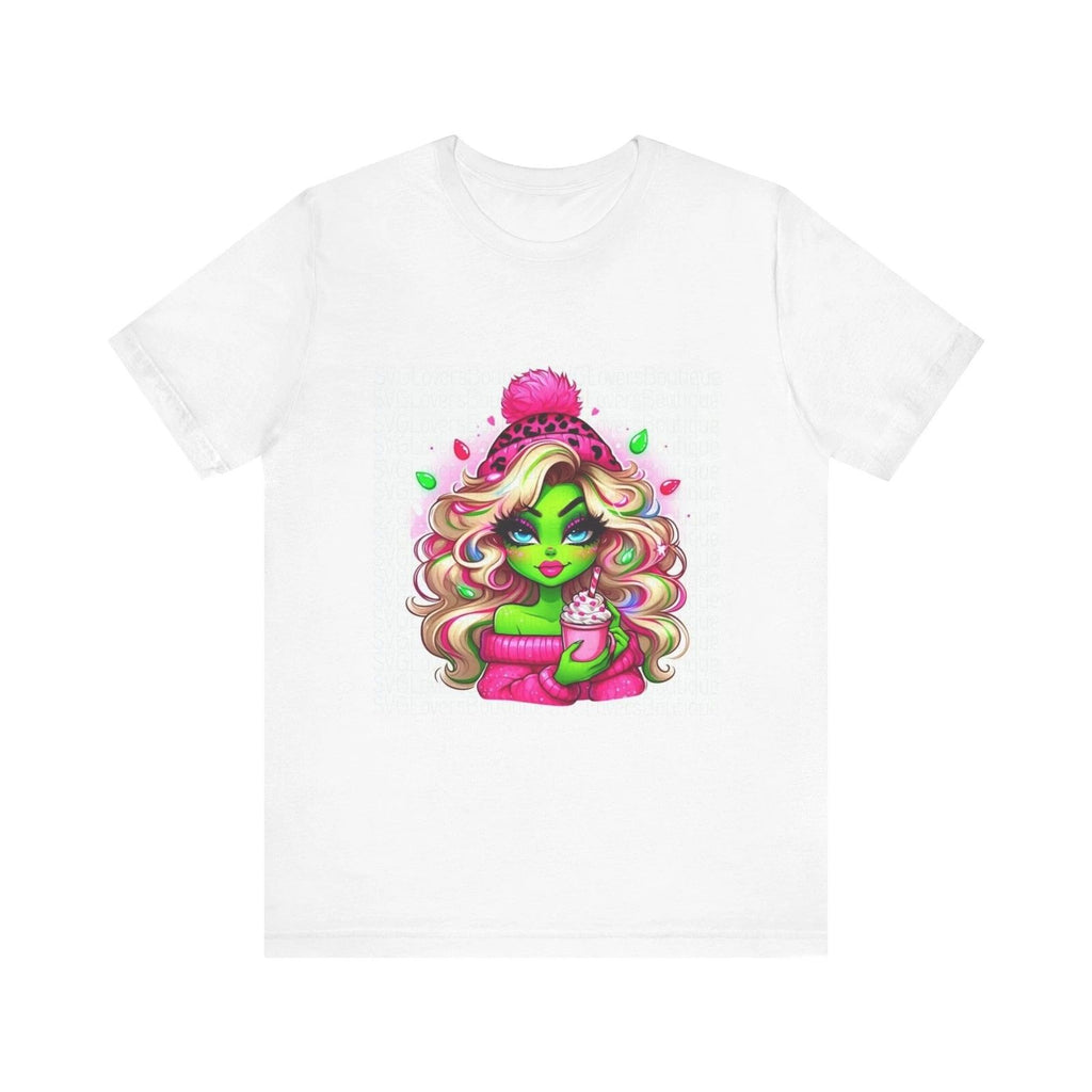 Green Alien Girl with Hot Cocoa T-Shirt | Cute Sci-Fi Character Tee