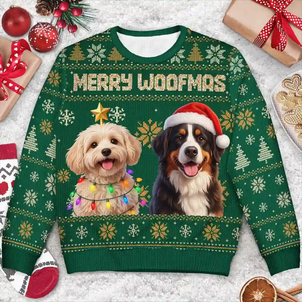 Custom Photo 3D Christmas Themed Pet Feliz Navidog Snowflake Pattern - Personalized Unisex Ugly Sweater