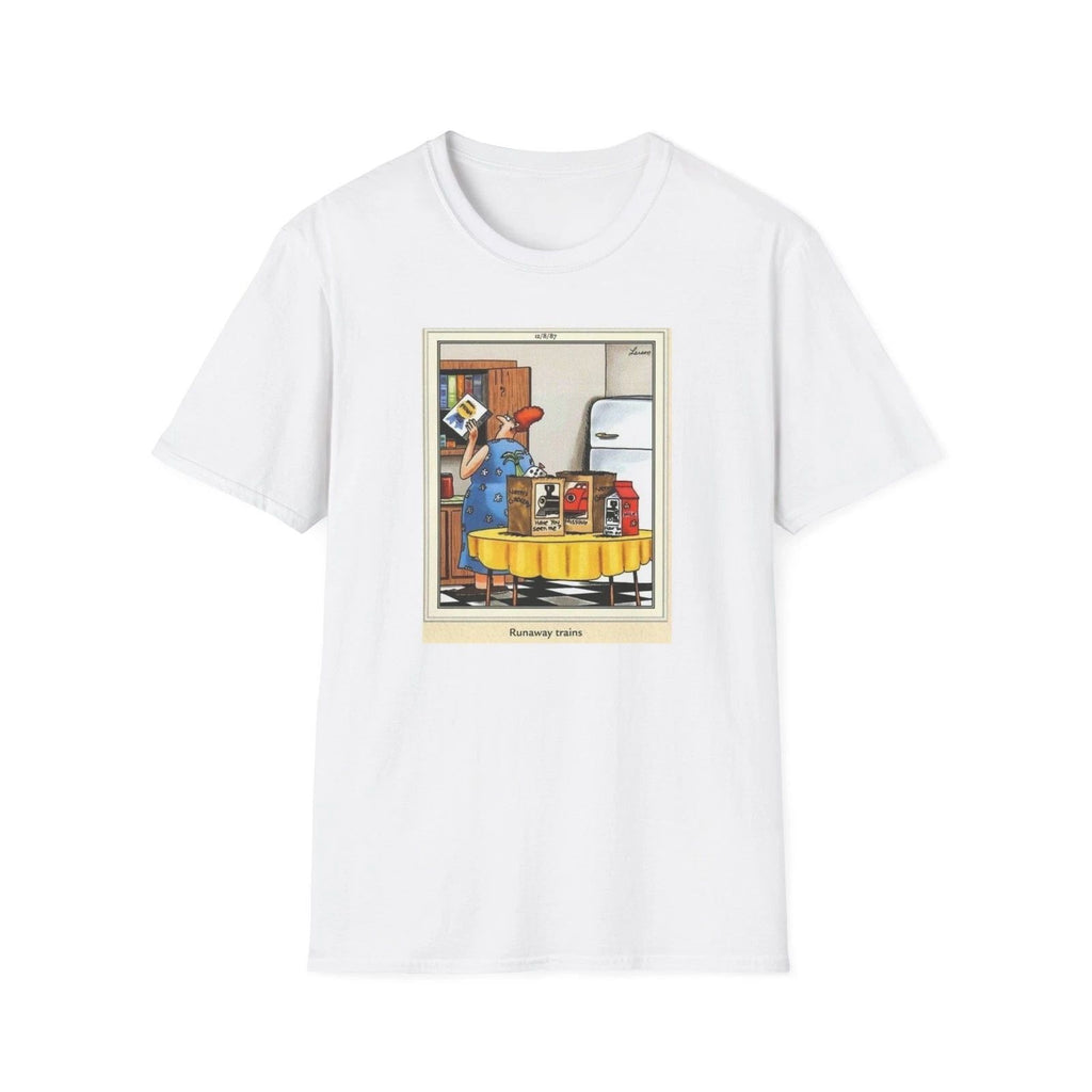 Runaway Trains Unisex Softstyle T-Shirt, Farside Newspaper Cartoon Tee