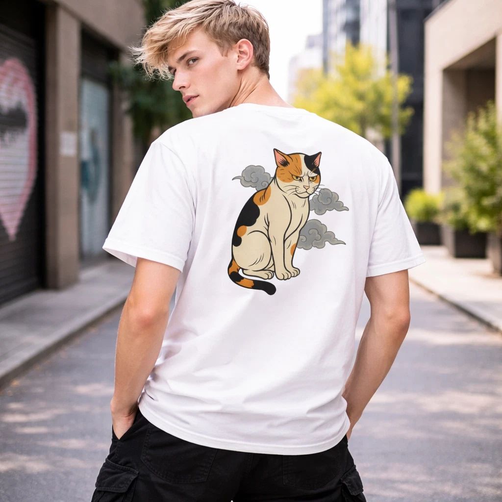 Shinora Lucky Cat Graphic T-Shirt Men Streetwear Japanese Style Size M