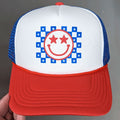 Patriotic Checkered Happy Face Puff Trucker Hat