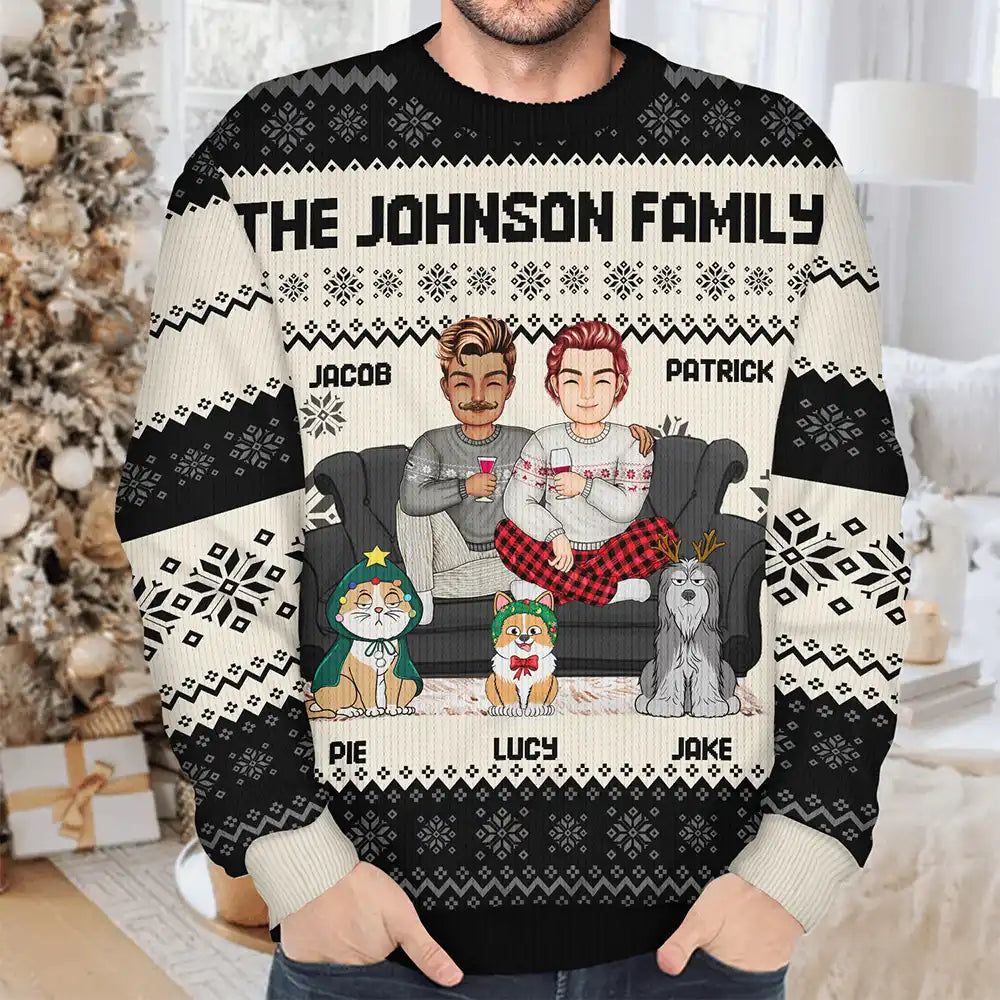 Cartoon Same Gender Couple With Kids And Pets - Personalized Unisex Ugly Sweater